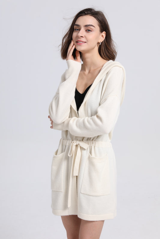 Pearl white hooded cashmere cardigan with belt