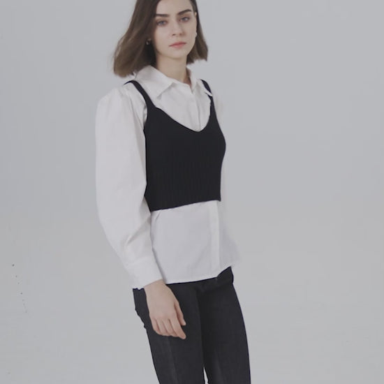 Cashmere Tank Top, 100% Cashmere, Model wearing pairs white shirt with black cashmere tank top